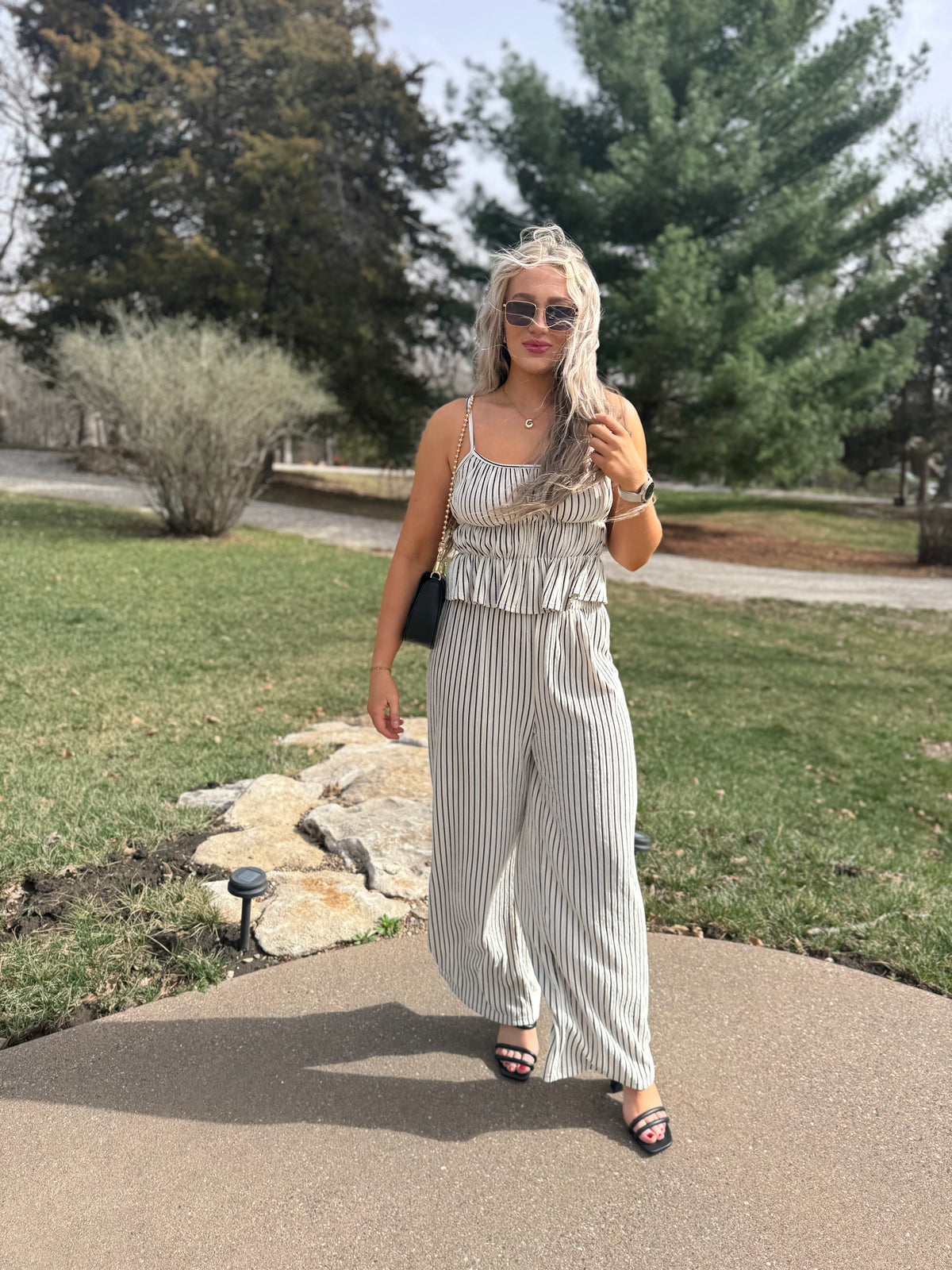 Black & Natural Striped Wide Leg Pants