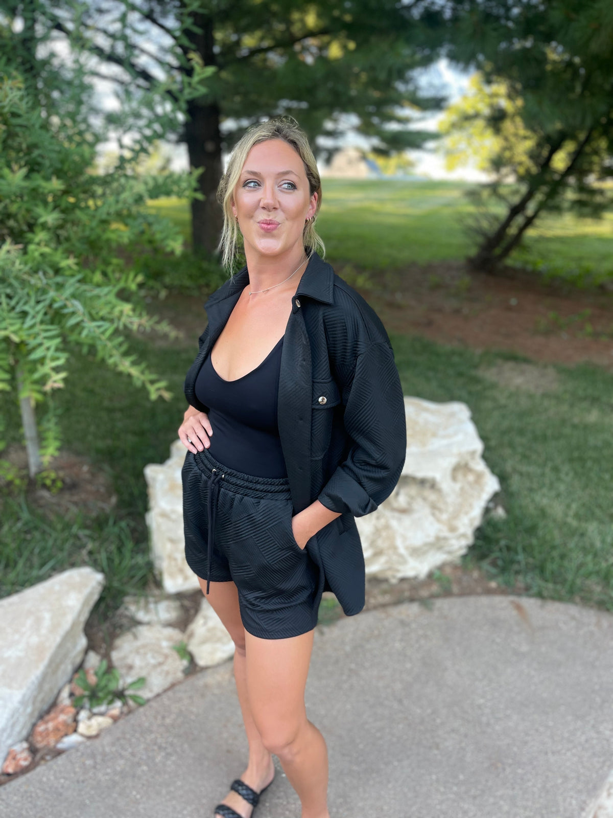 Black Jacquard Knit Drawstring Short