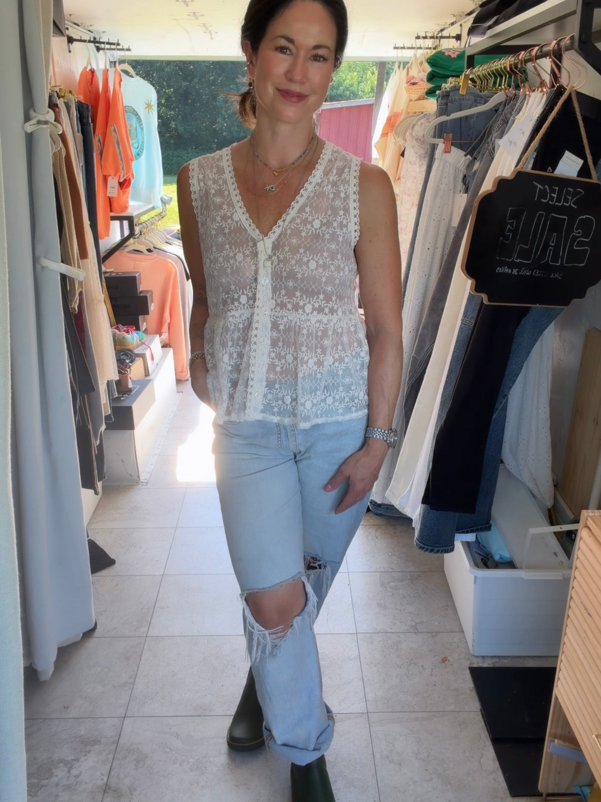 Sleeveless Lace Button Front Top
