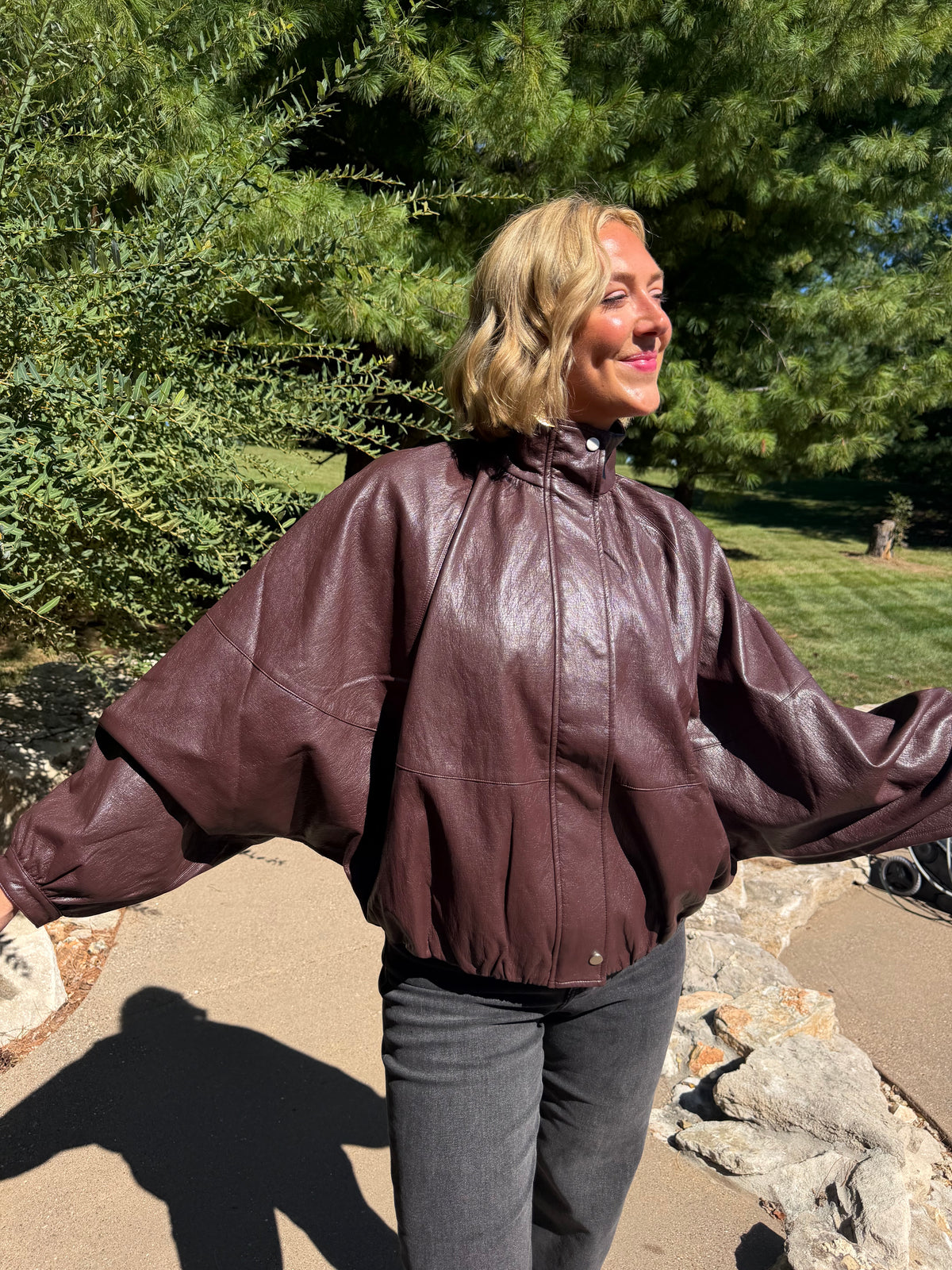 Burgundy Batwing Sleeve Funnel Neck Jacket