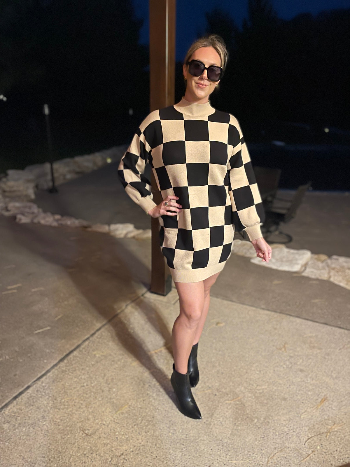 Checkered Mock Neck Sweater Dress