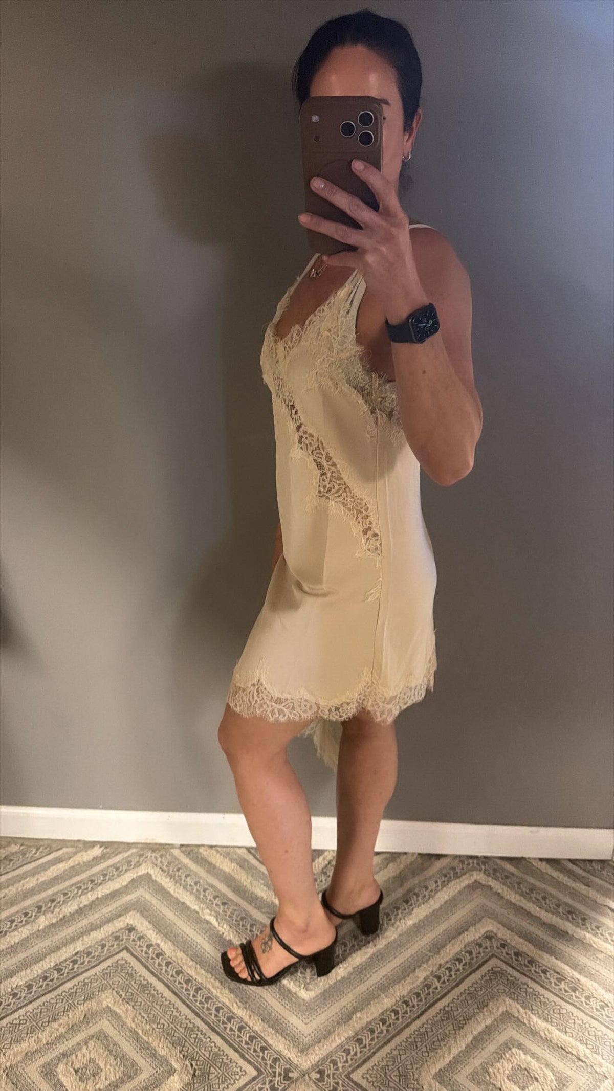 Cream Asymmetrical Lace Trim Dress