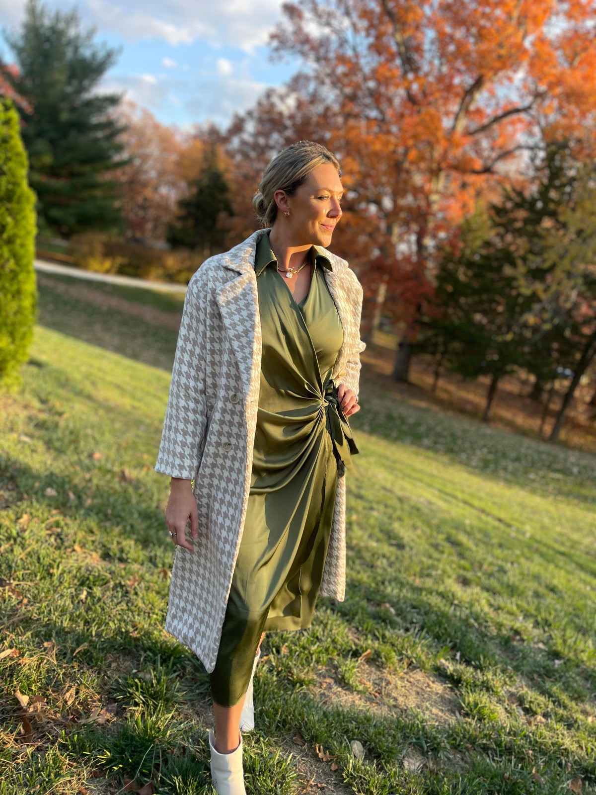 Taupe & Ivory Houndstooth Long Coat