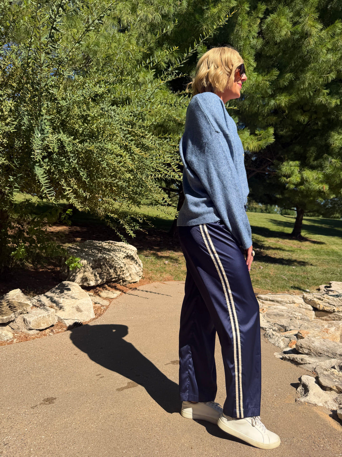 Navy with Cream Stripe Track Pants