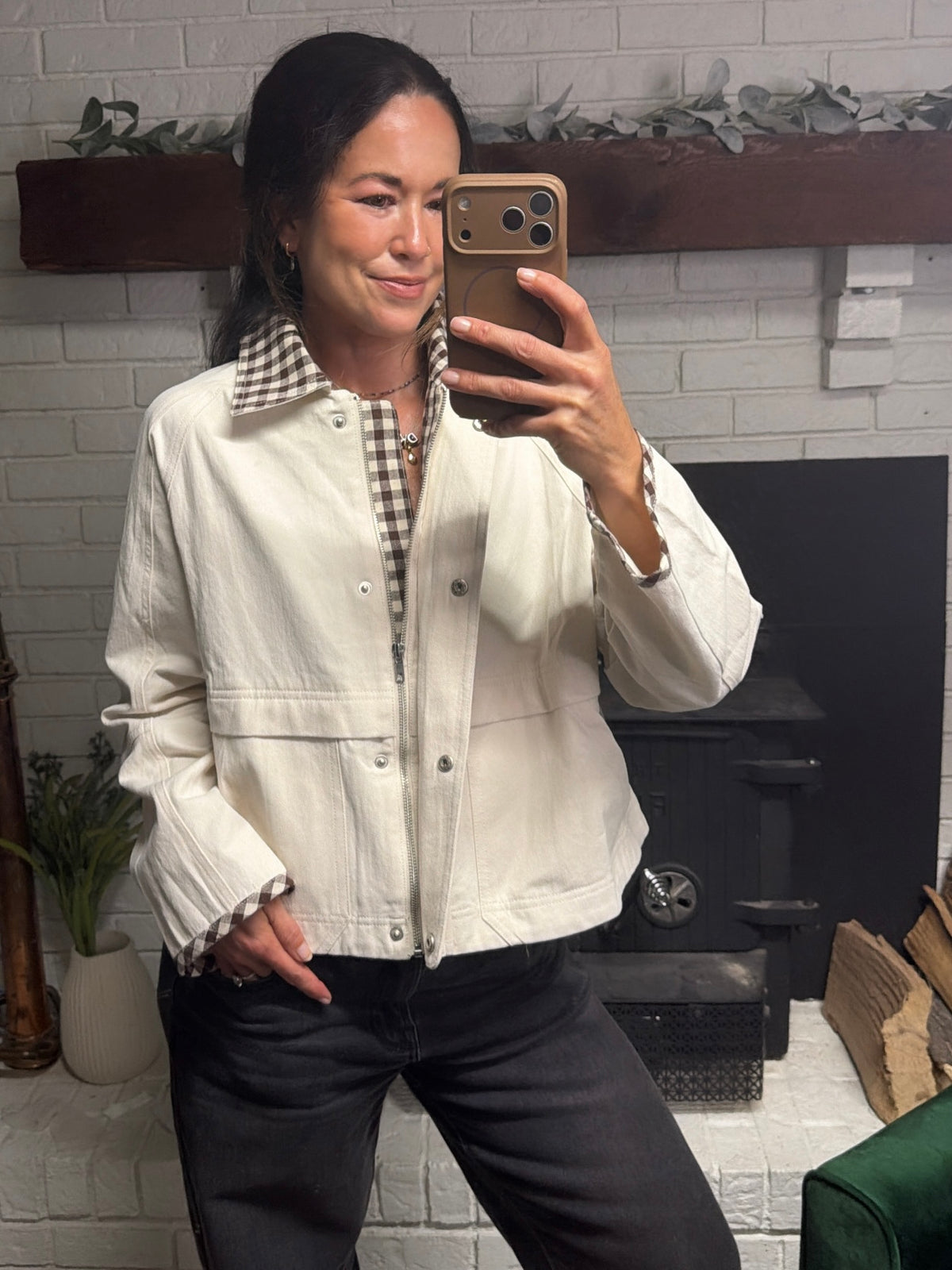 Cream & Mocha Gingham Contrast Denim Jacket