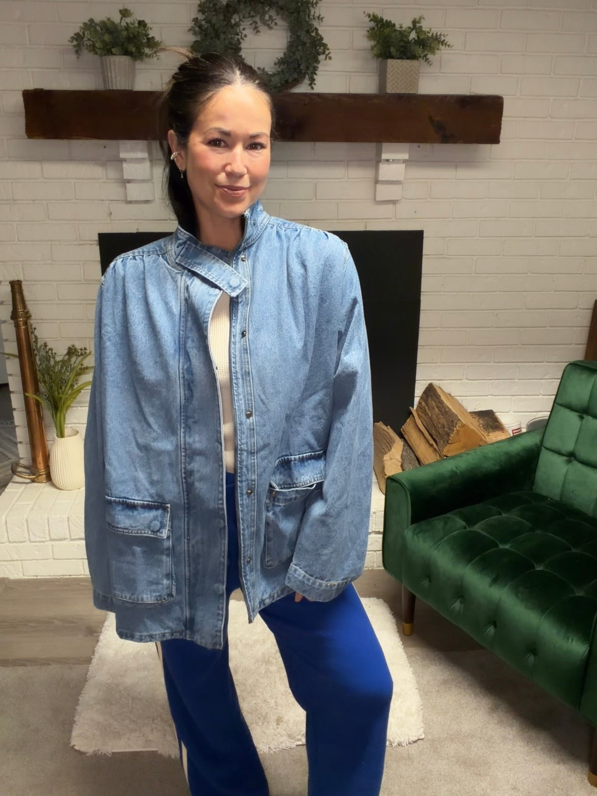 Shirring Detail Work Wear Denim Jacket