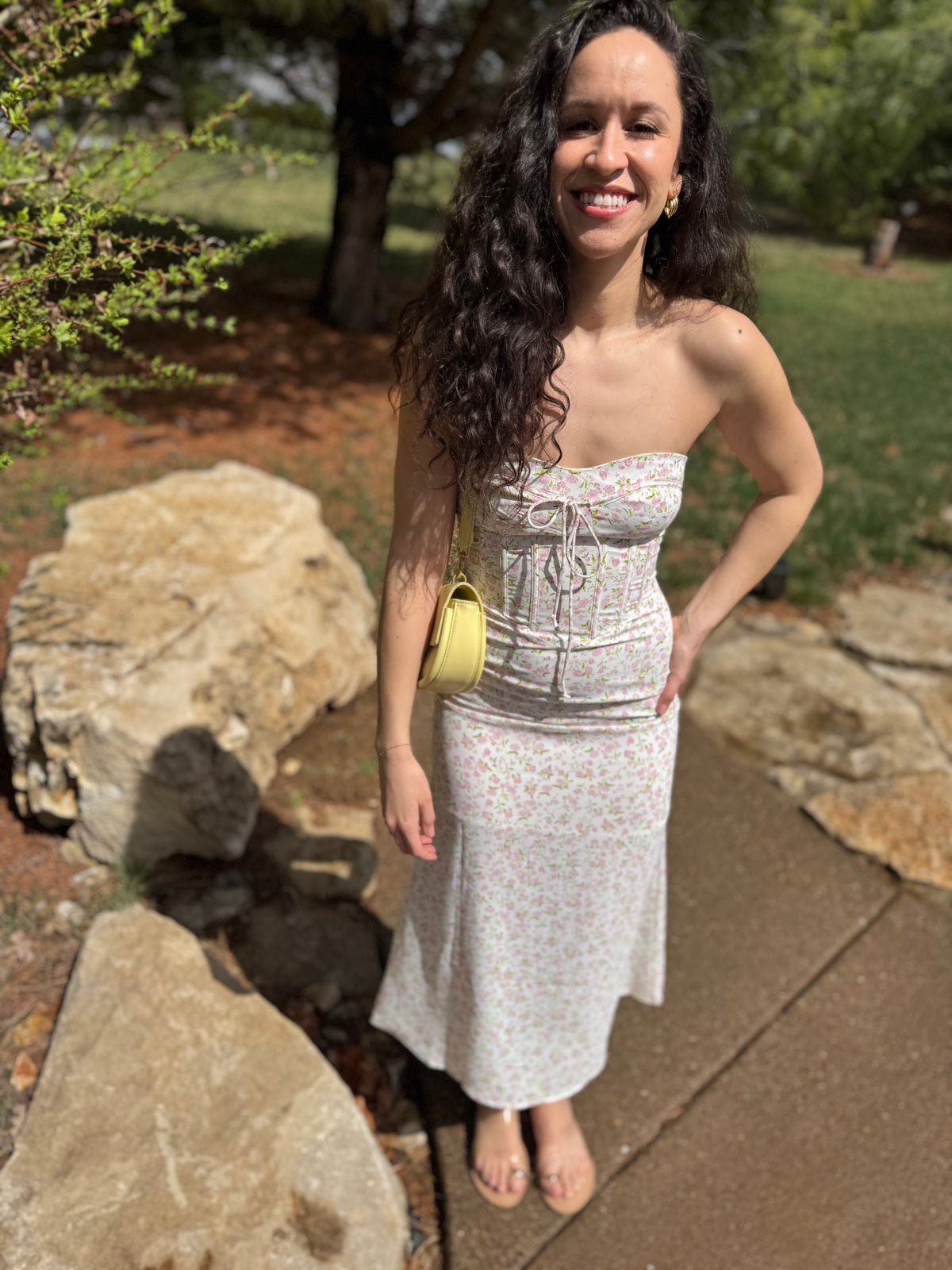 Pink Floral Print Strapless Midi Dress