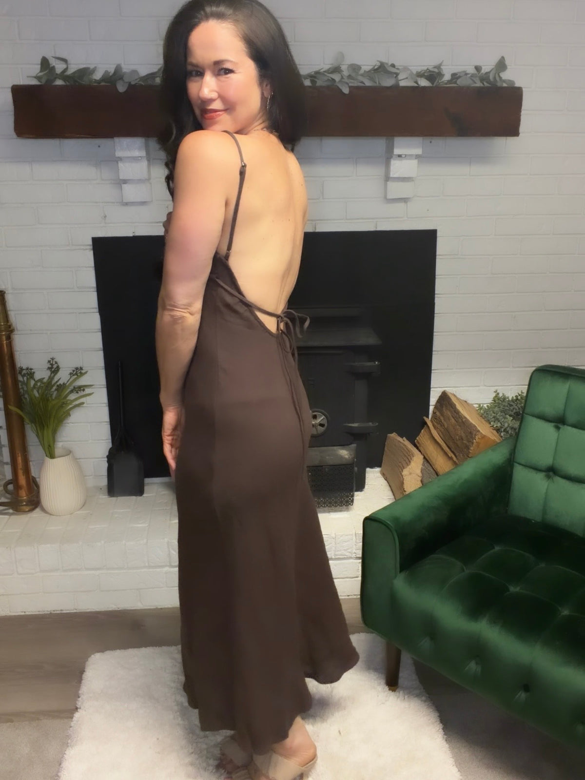 Brown Linen Open Back Dress