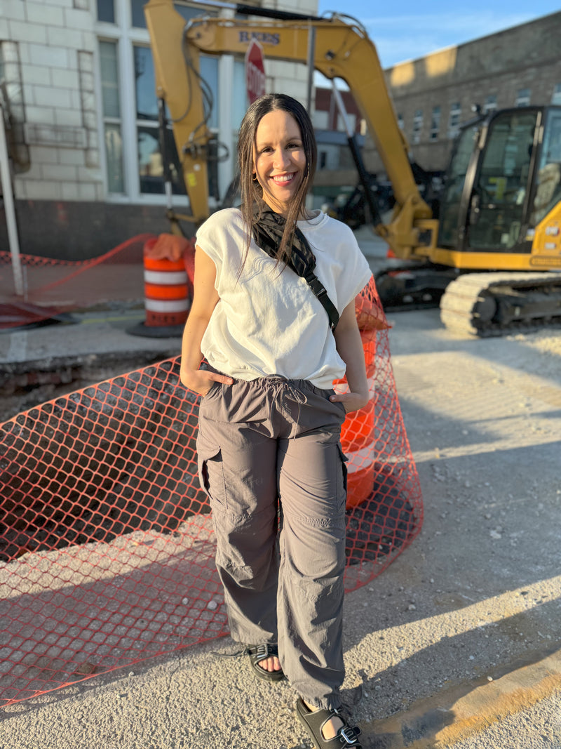 Grey Drawstring Cargo Parachute Pants