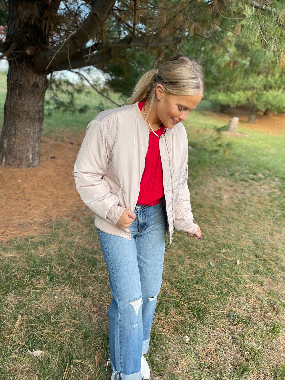 Cream Ruched Sleeve Bomber Jacket