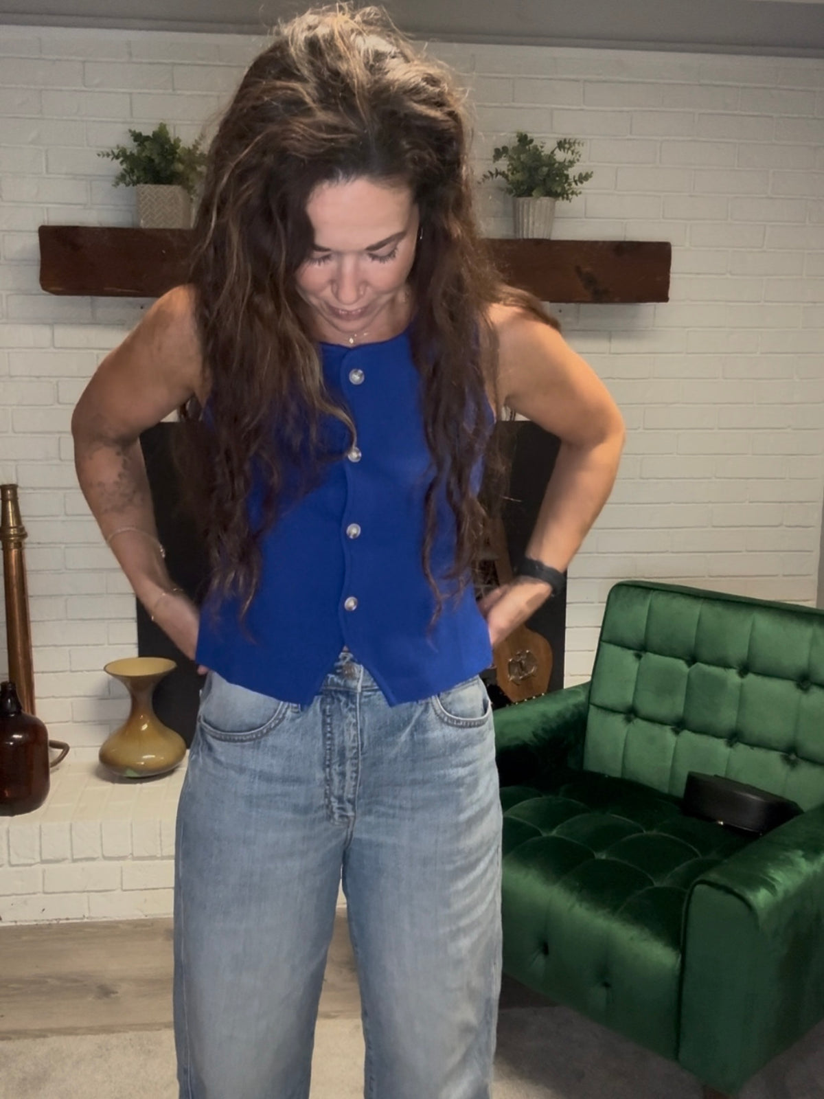 Cobalt Blue Sleeveless Button Front Top