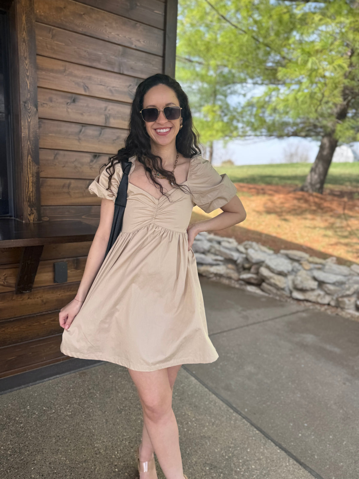 Tan Balloon Sleeve Mini Dress