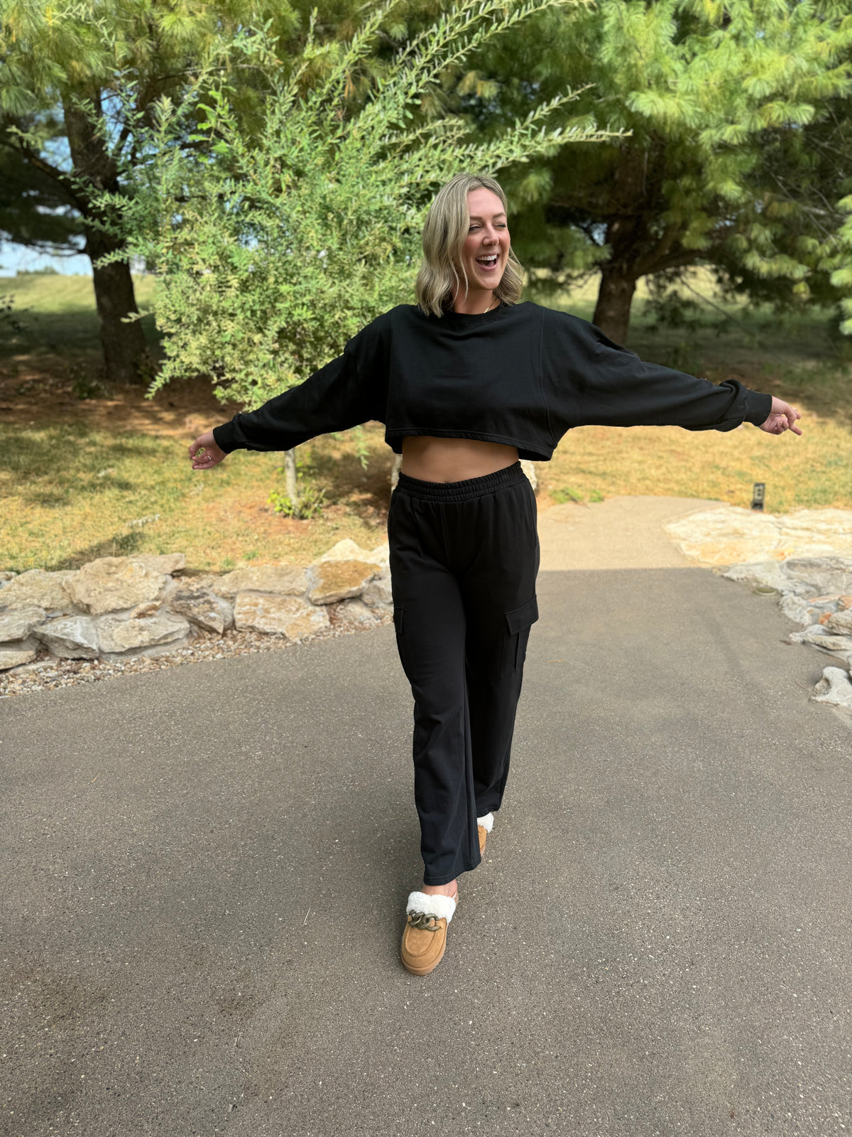 French Terry Crop Sweatshirt & Wide Leg Cargo Pant Set