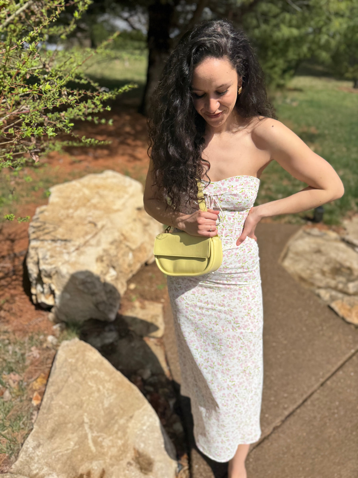 Pink Floral Print Strapless Midi Dress
