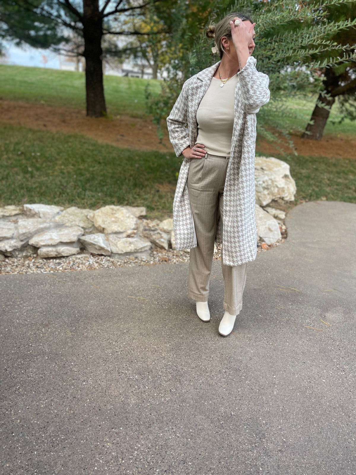 Taupe & Ivory Houndstooth Long Coat