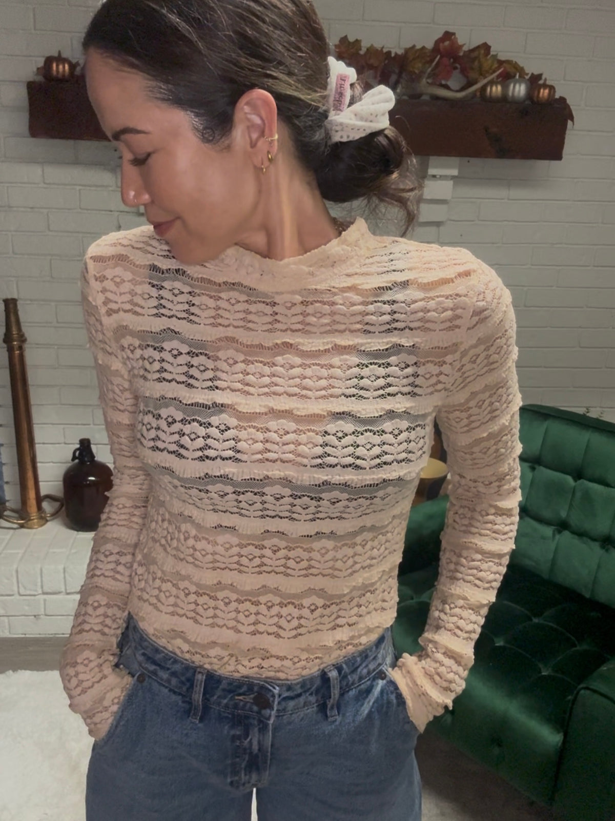 Beige Long Sleeve Lace Top