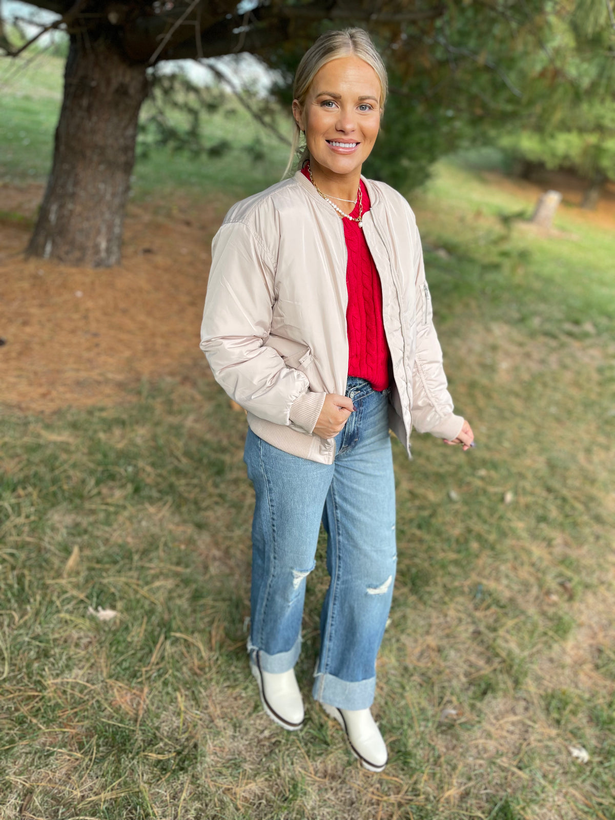 Cream Ruched Sleeve Bomber Jacket