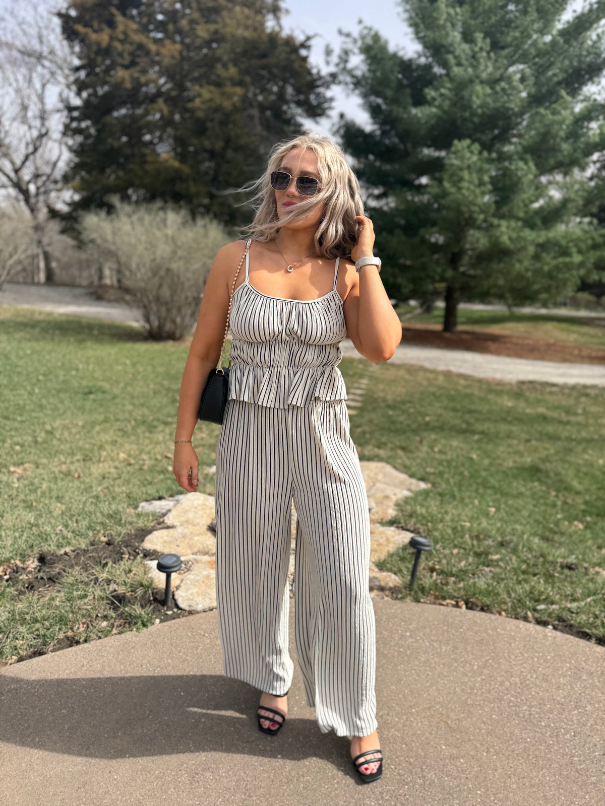 Black & Natural Striped Wide Leg Pants