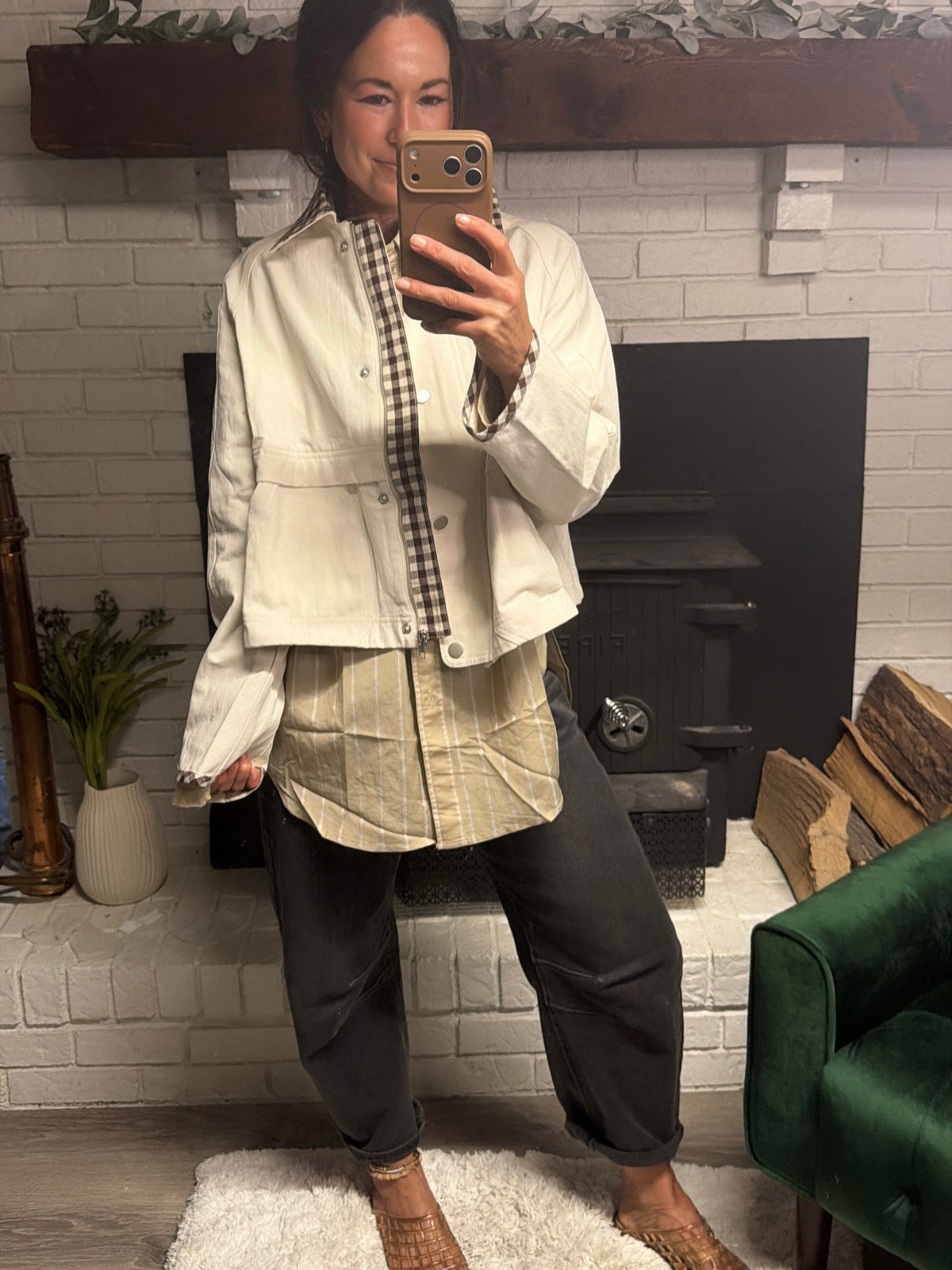 Cream & Mocha Gingham Contrast Denim Jacket