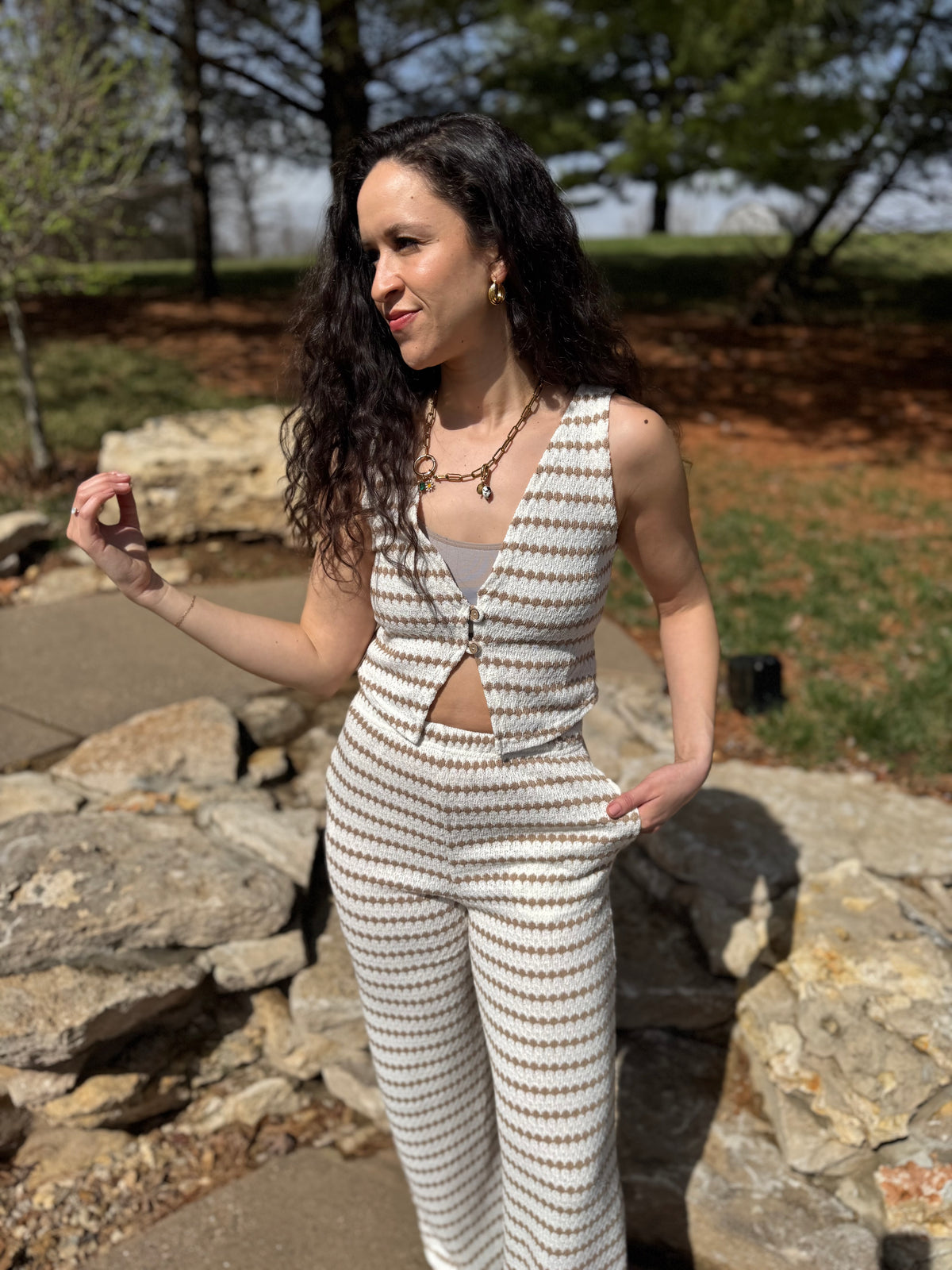 Taupe Stripe Knit Wide Leg Pants