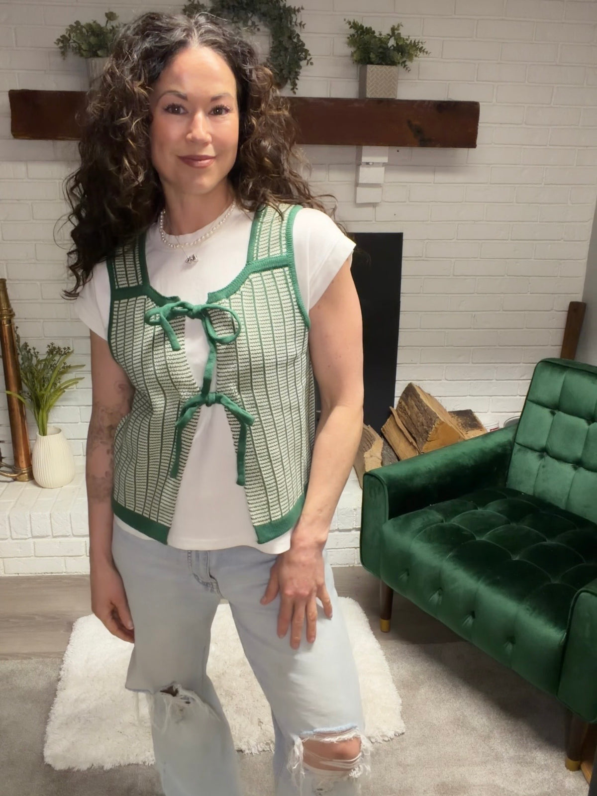 Green Tie Front Sleeveless Sweater
