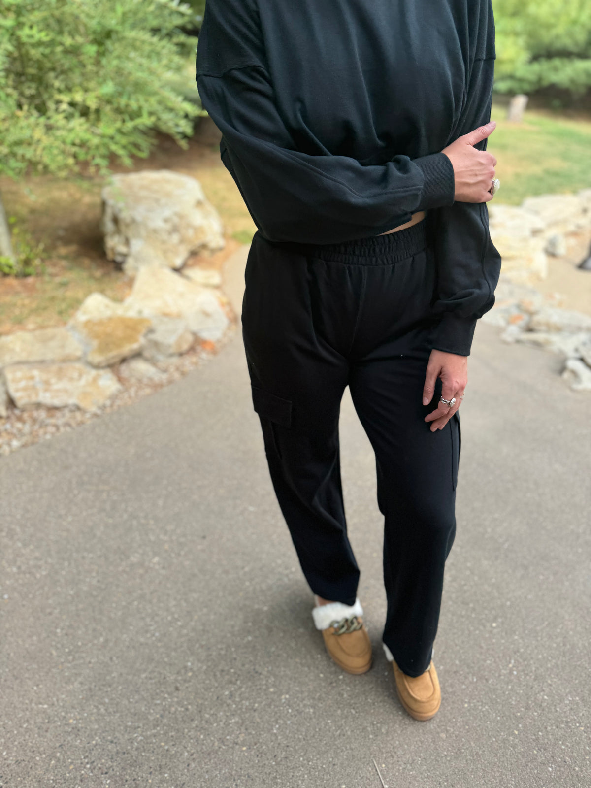 French Terry Crop Sweatshirt & Wide Leg Cargo Pant Set