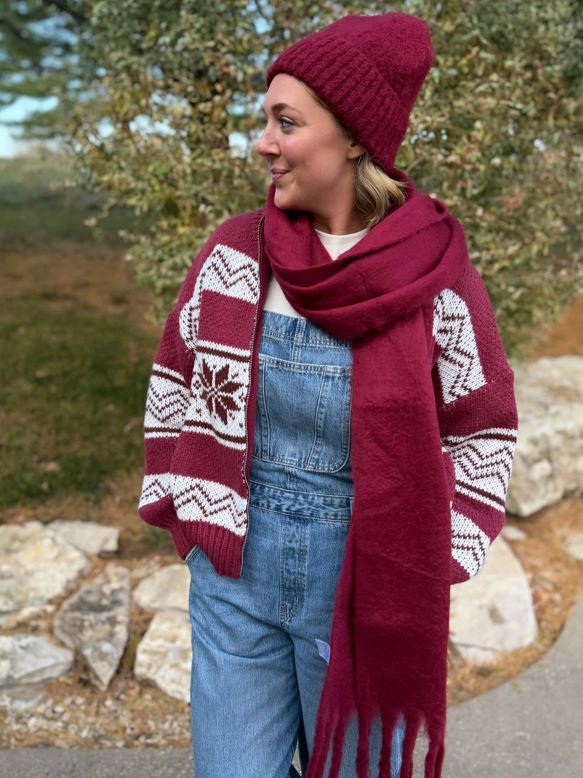 Burgundy Zip Front Fair Isle Sweater