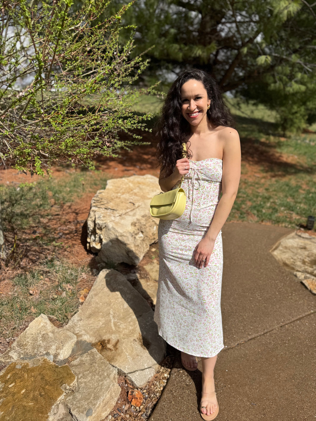 Pink Floral Print Strapless Midi Dress