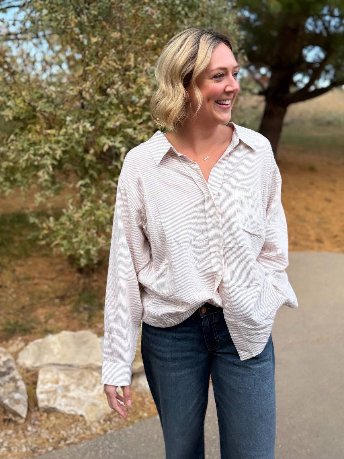 Mocha Striped Oversized Button Down Shirt