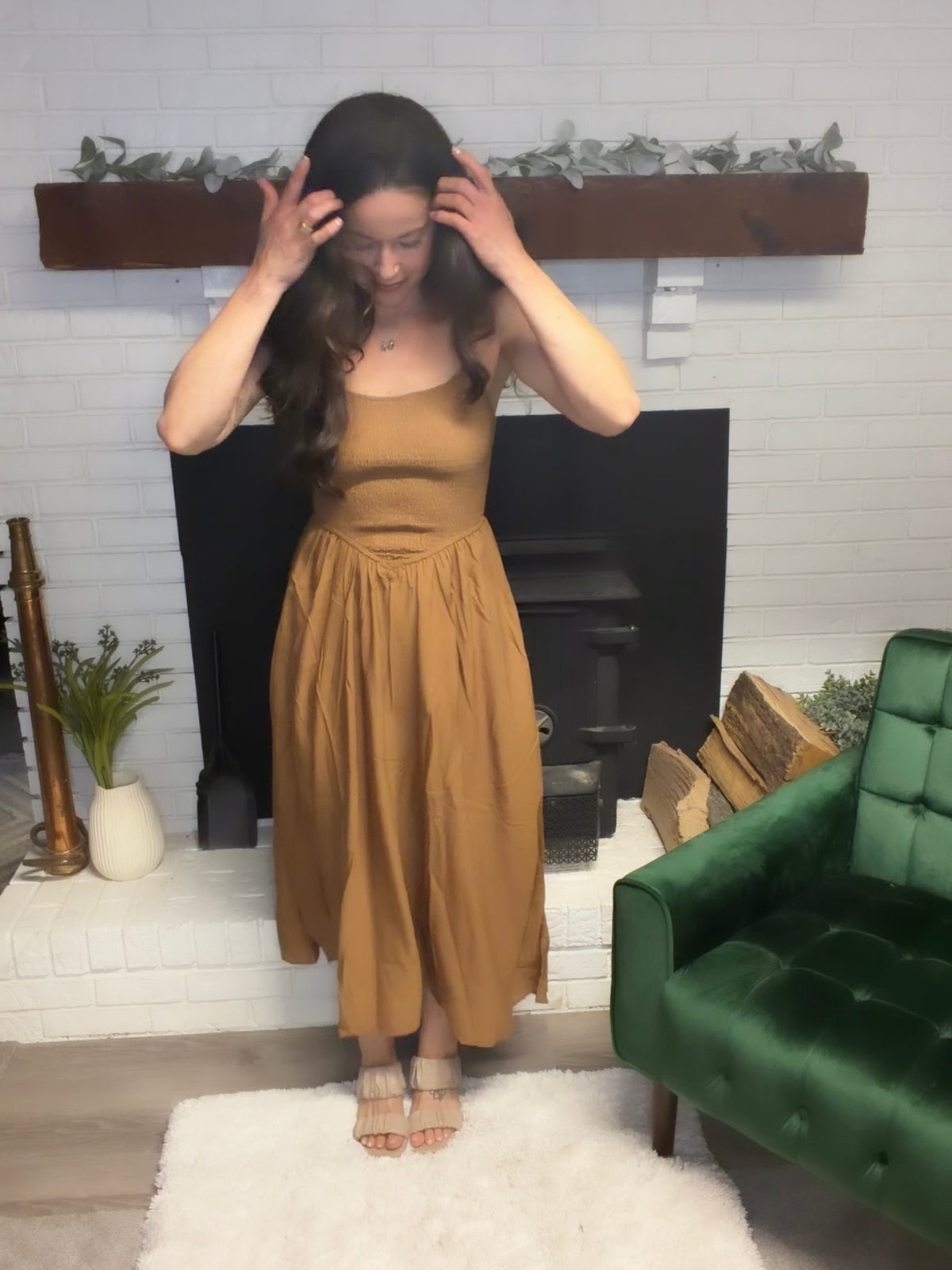 Brown Smocked Basque Waist Midi Dress