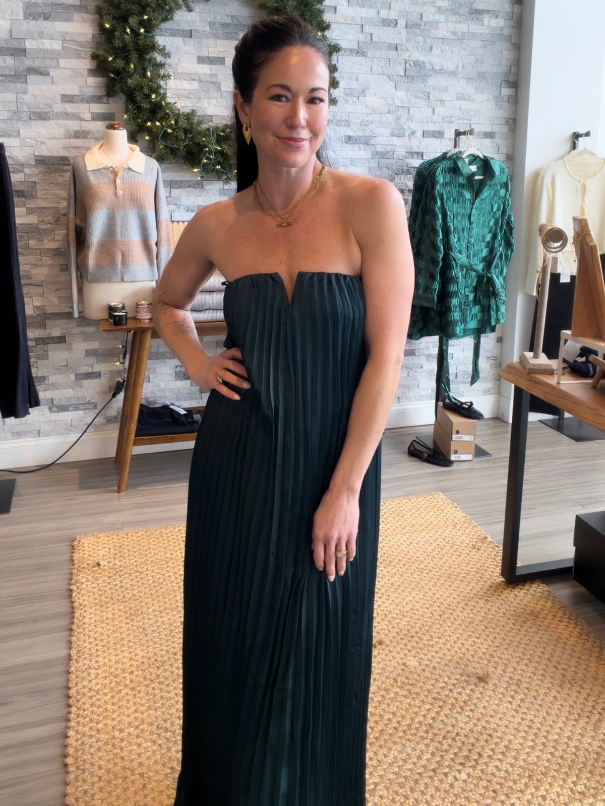Emerald Green Strapless Pleated Maxi Dress