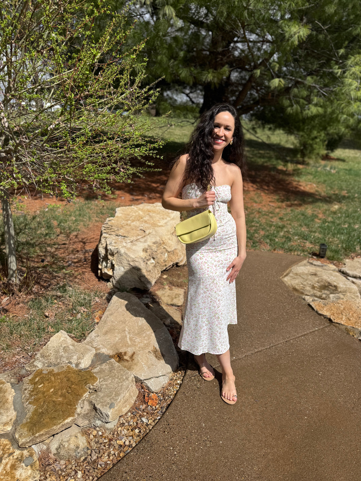 Pink Floral Print Strapless Midi Dress