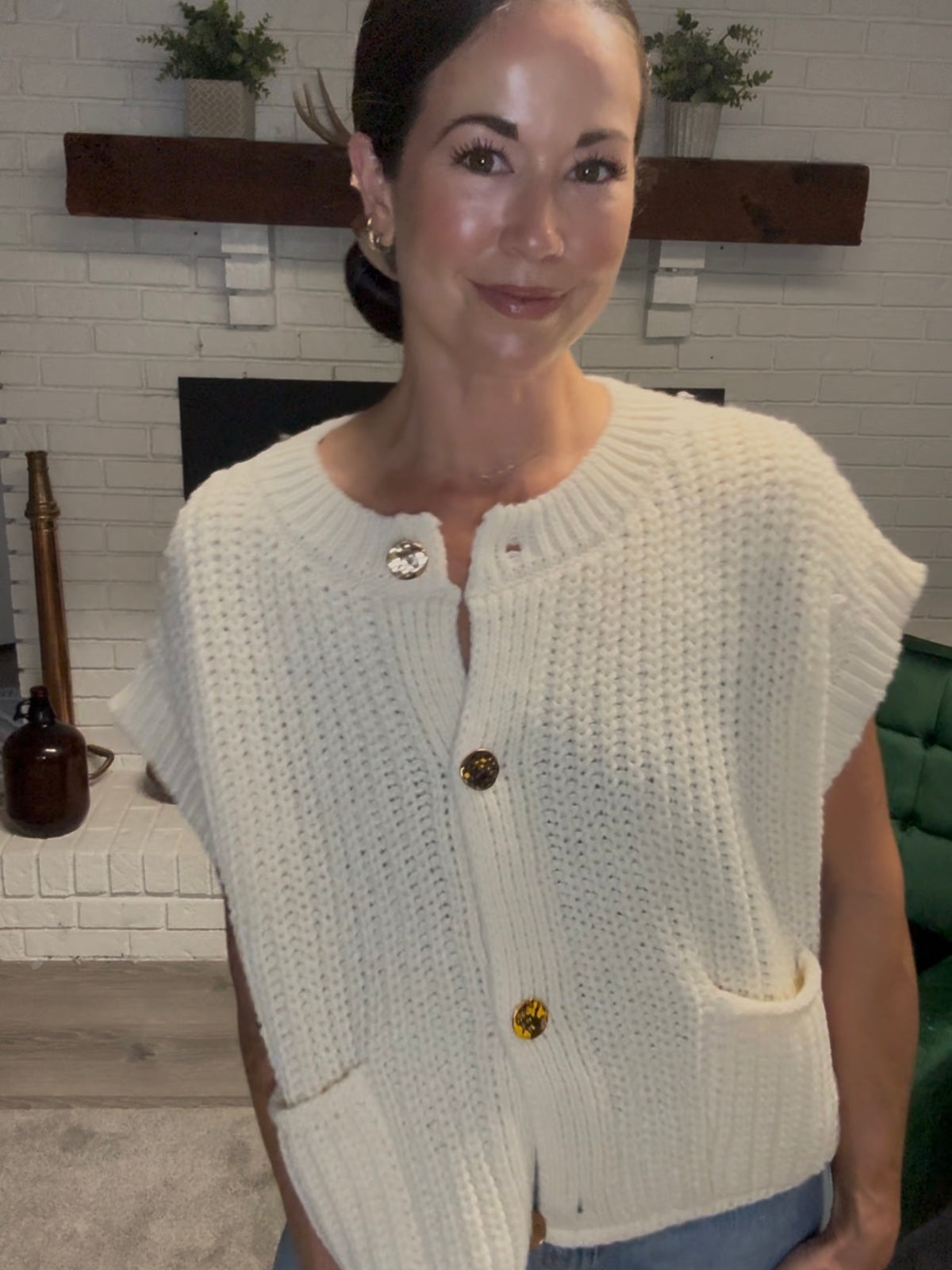 Cream Gold Button Sleeveless Sweater