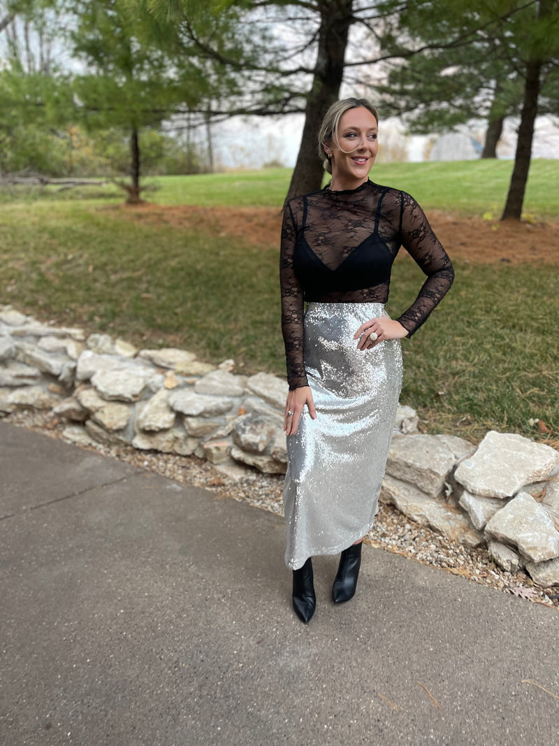 Silver Sequin Maxi Skirt