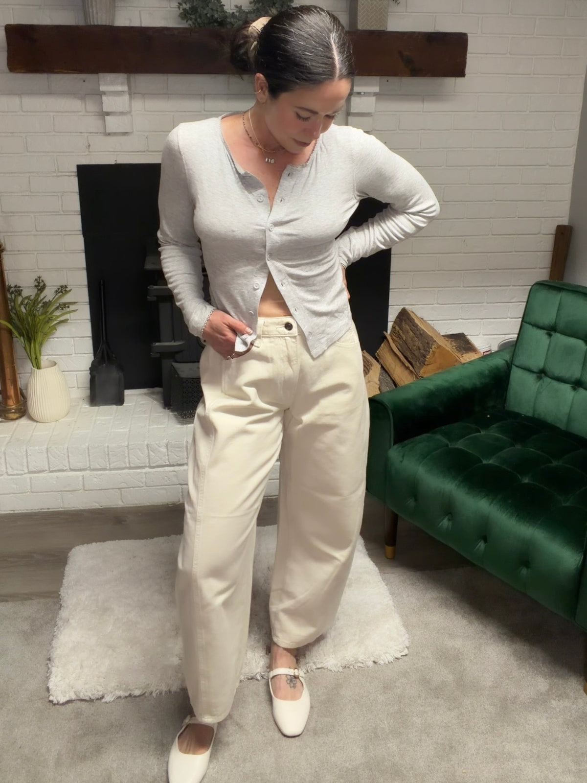 Ivory Mid Waist Barrel Leg Jeans