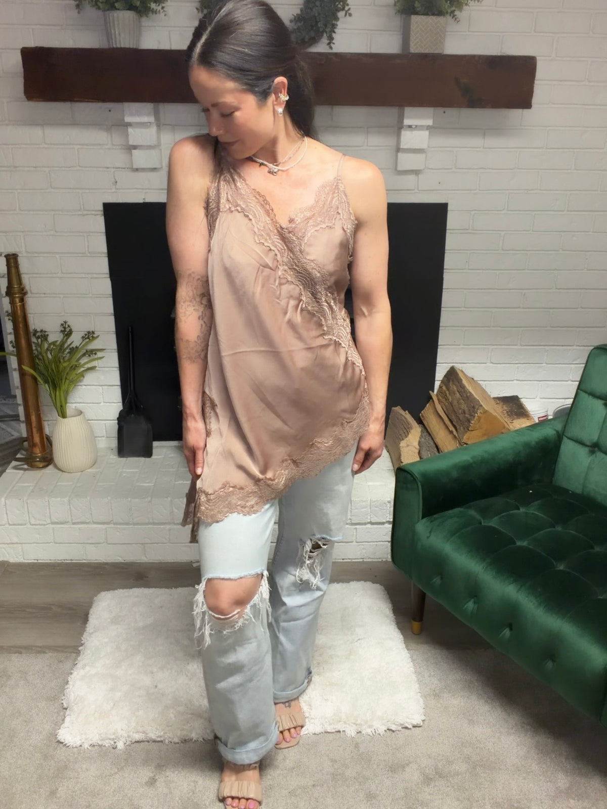 Mocha Asymmetrical Lace Tank Tunic Top