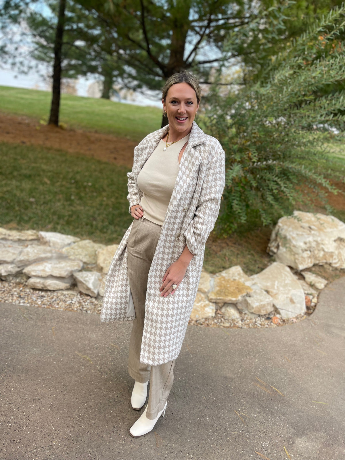 Taupe & Ivory Houndstooth Long Coat