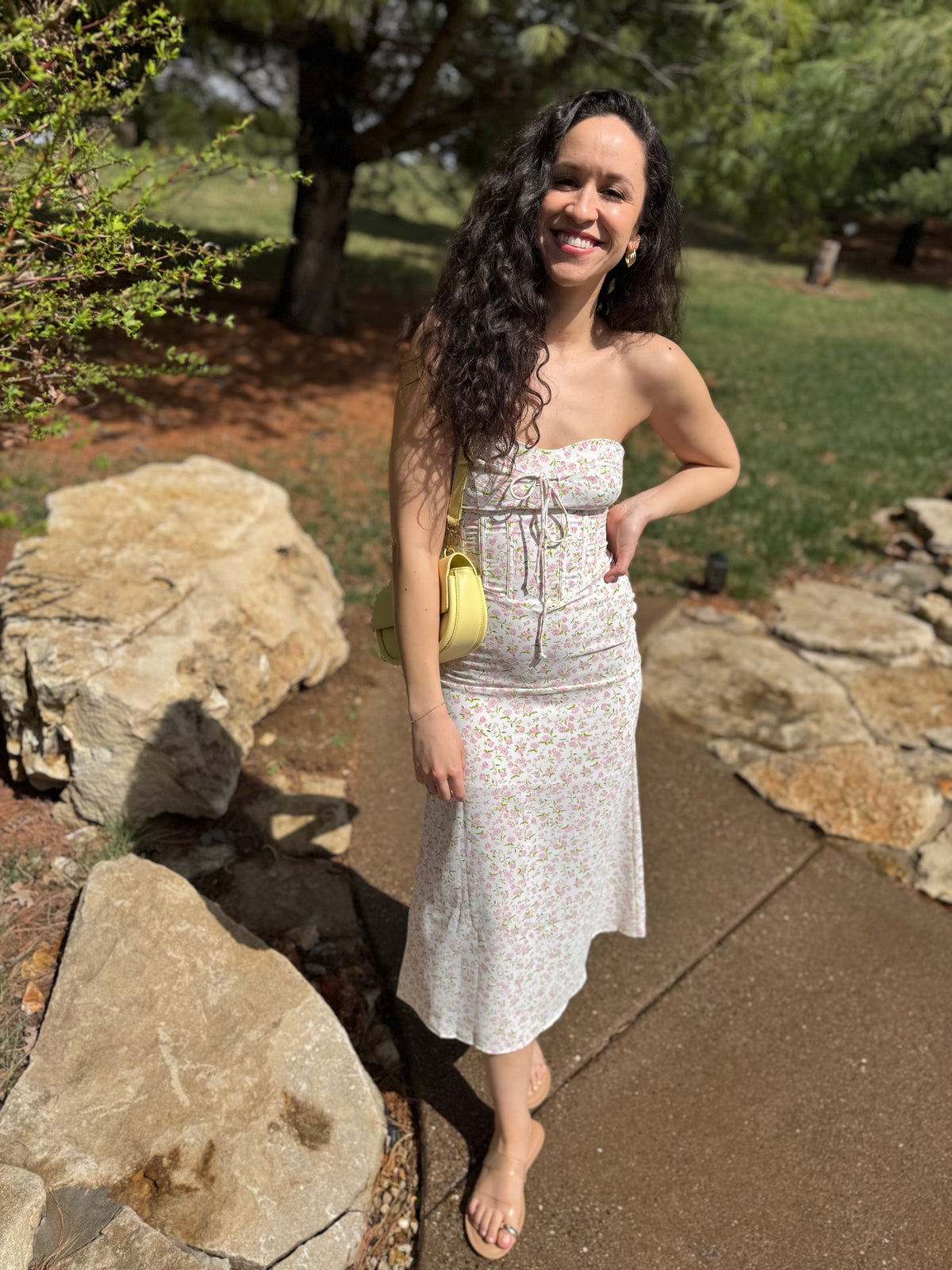 Pink Floral Print Strapless Midi Dress
