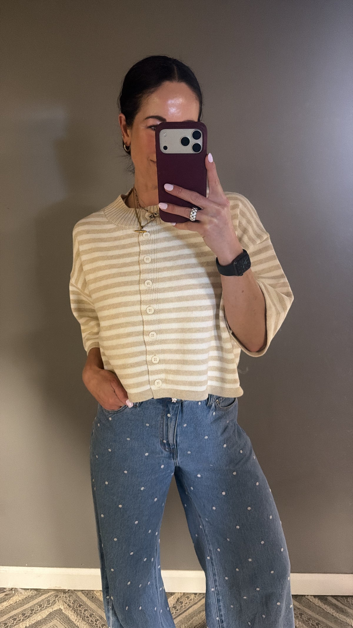 Oatmeal and White Stripe Button Front Sweater