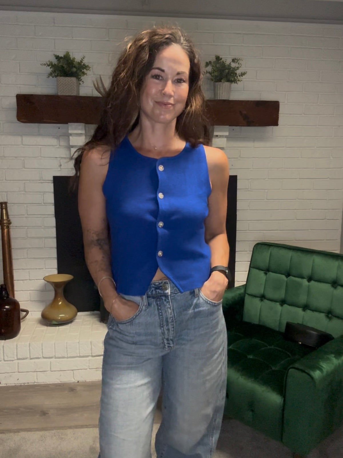 Cobalt Blue Sleeveless Button Front Top