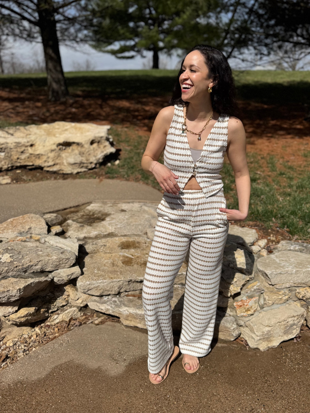Taupe Stripe Knit Wide Leg Pants