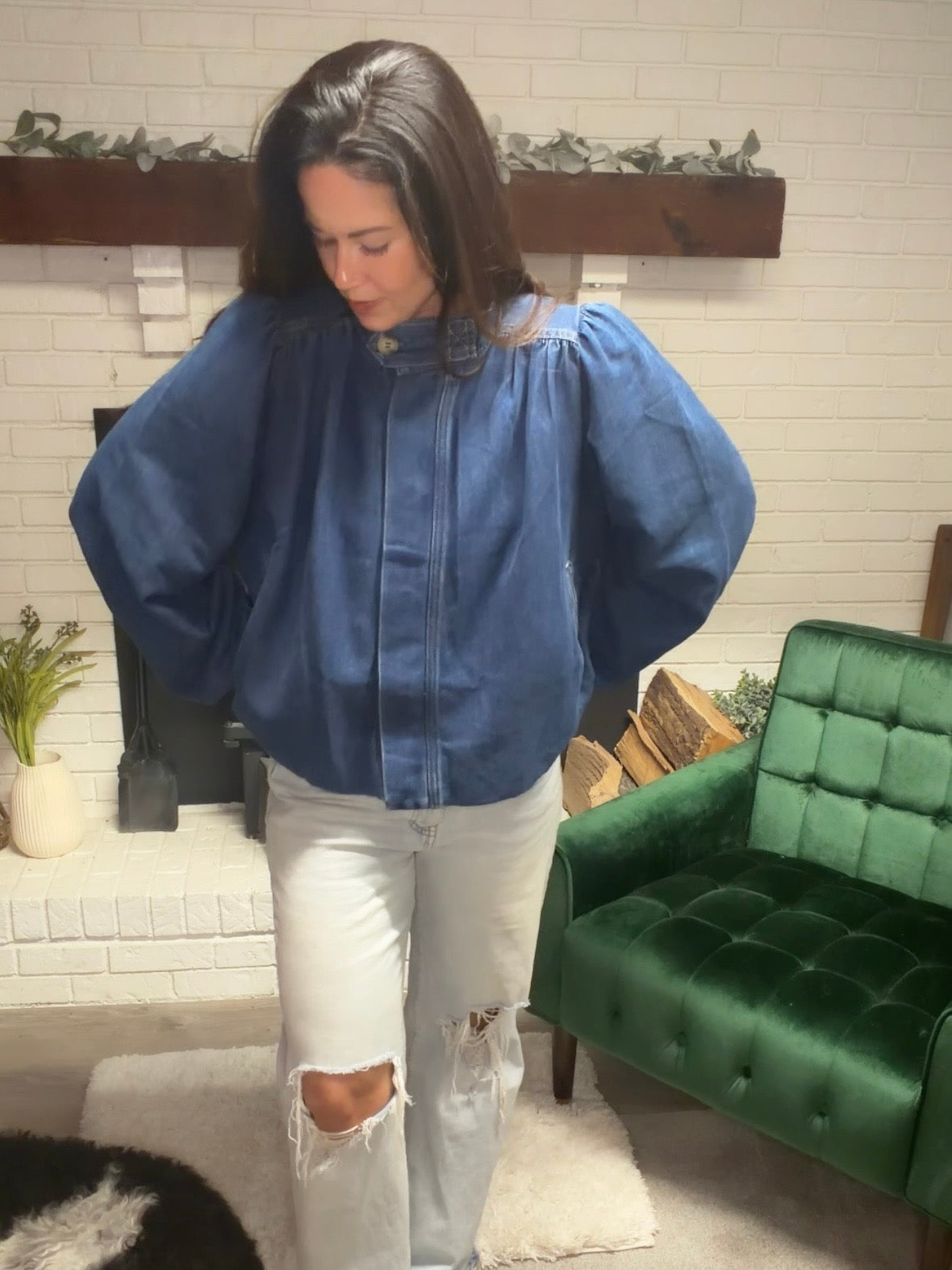 Bubble Hem High Neck Denim Jacket