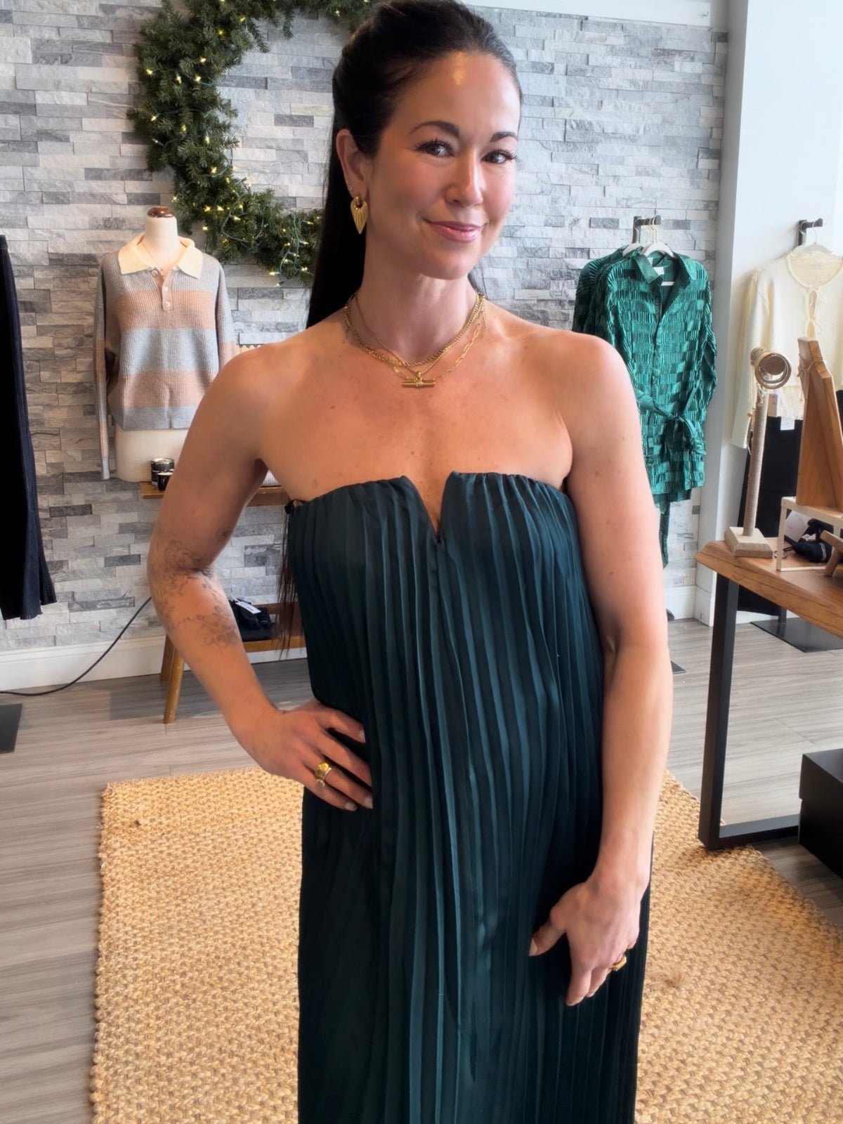 Emerald Green Strapless Pleated Maxi Dress