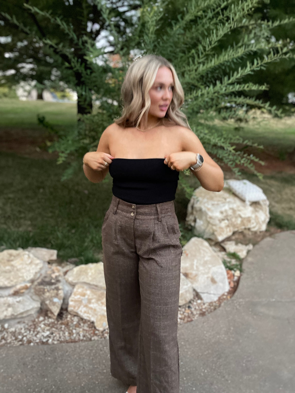 Brown Plaid High Waisted Trousers