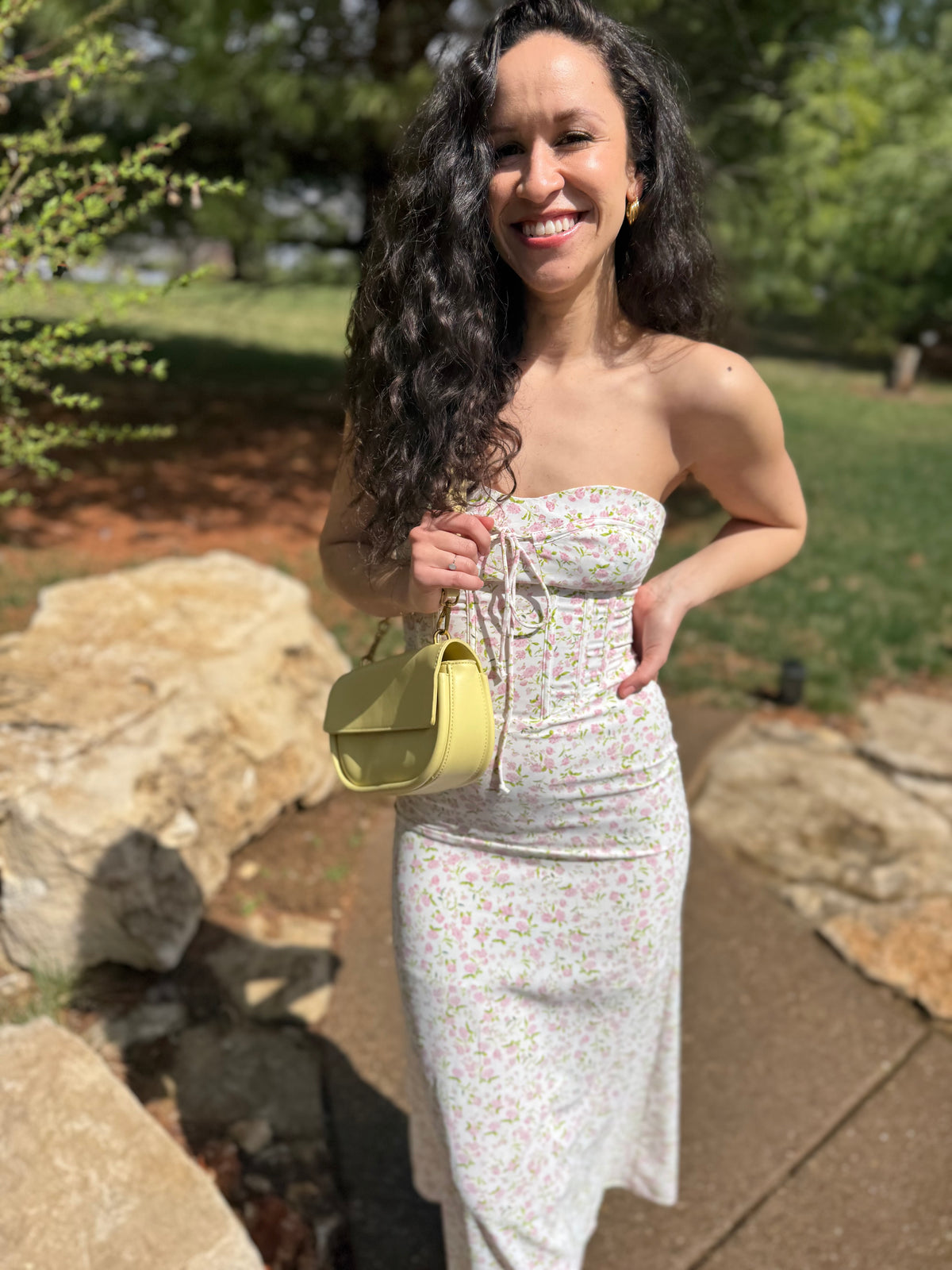 Pink Floral Print Strapless Midi Dress