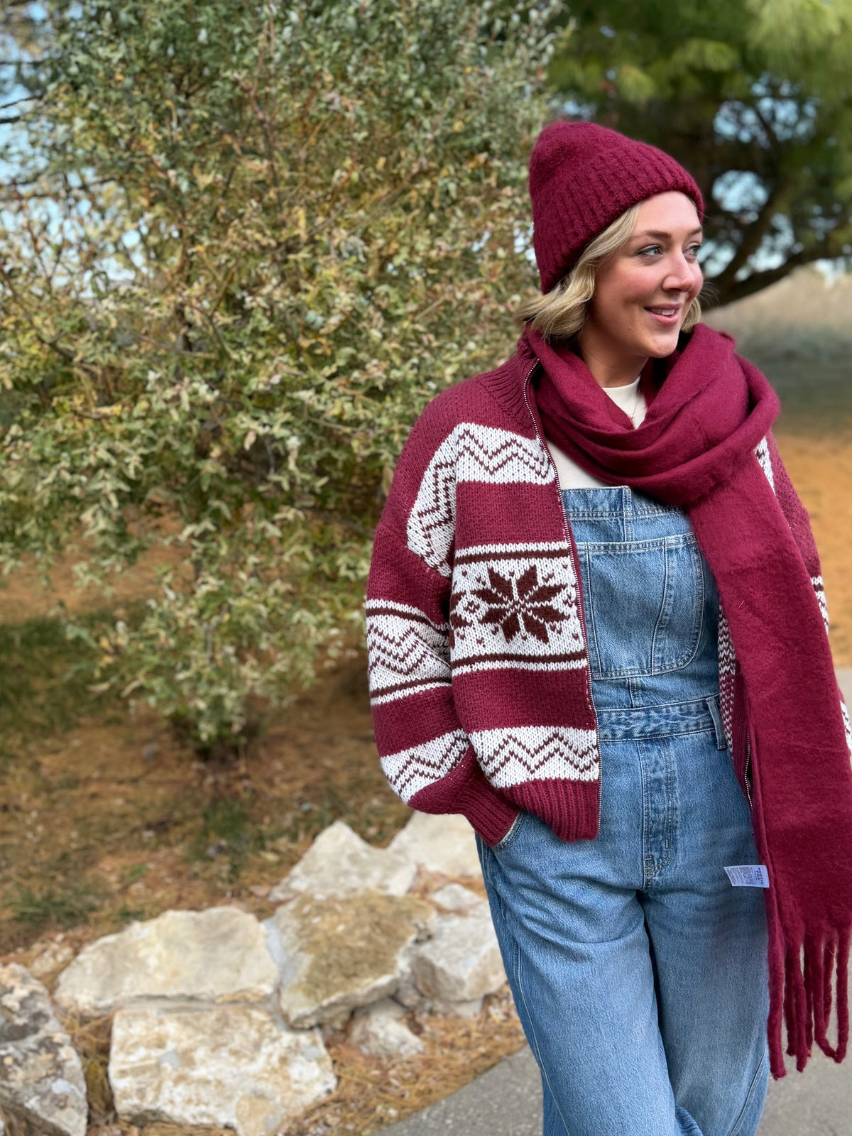 Burgundy Zip Front Fair Isle Sweater