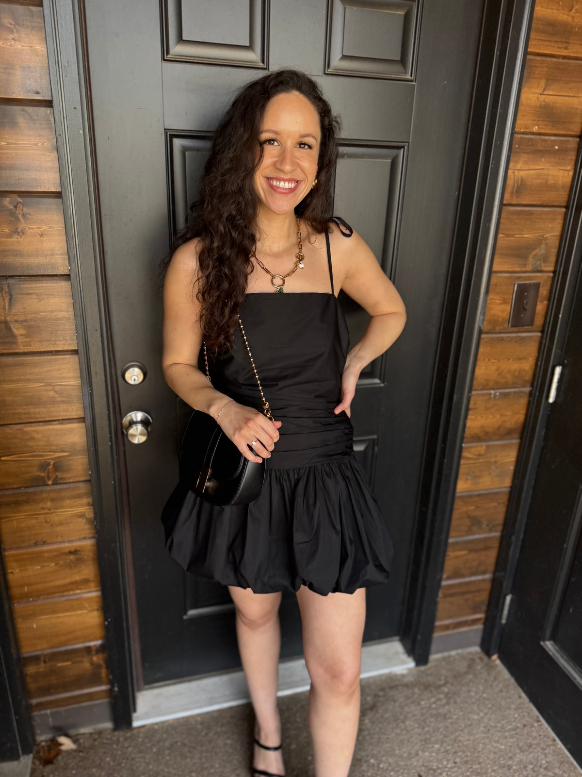 Black Tie Shoulder Bubble Hem Dress