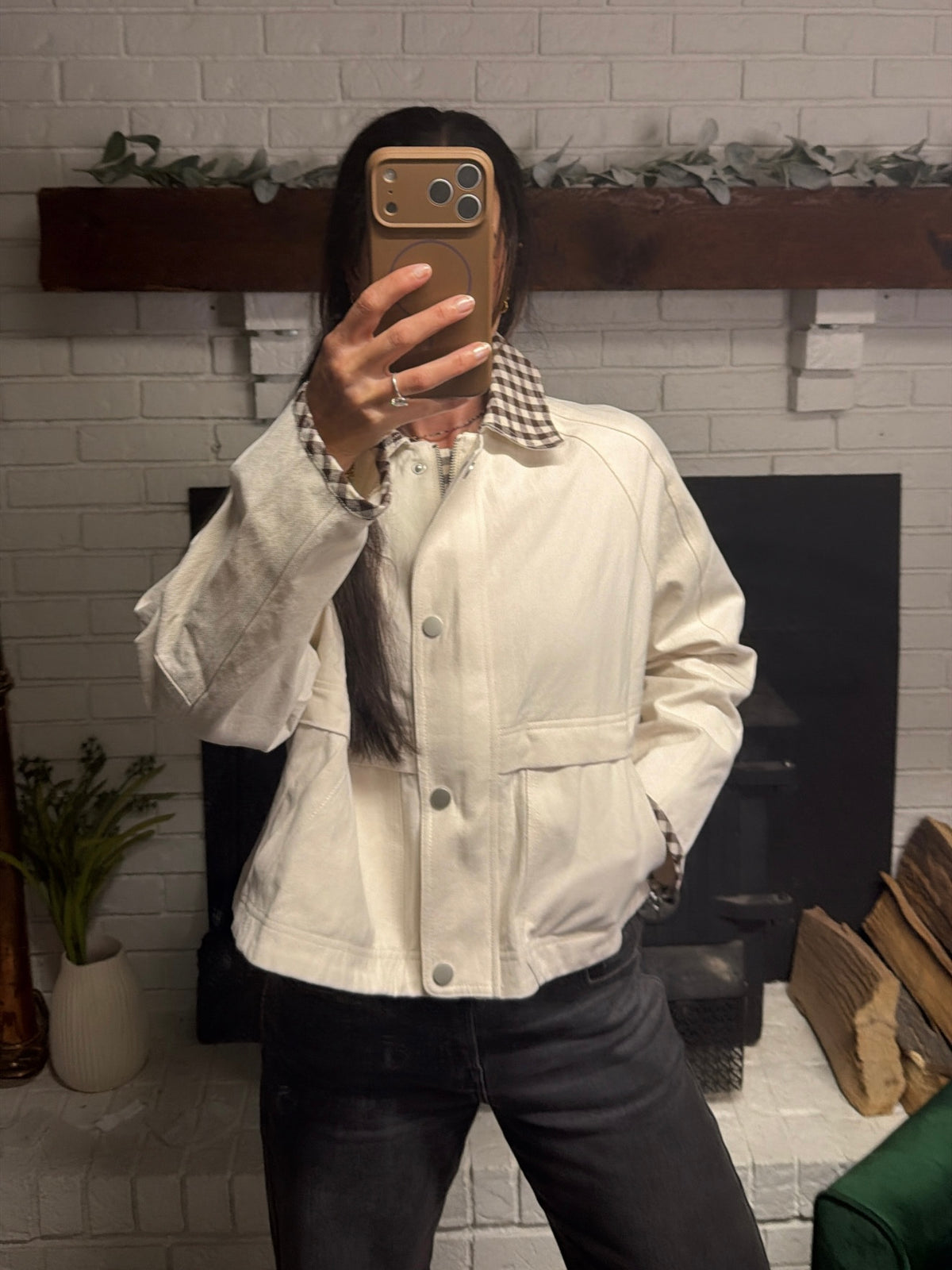 Cream & Mocha Gingham Contrast Denim Jacket