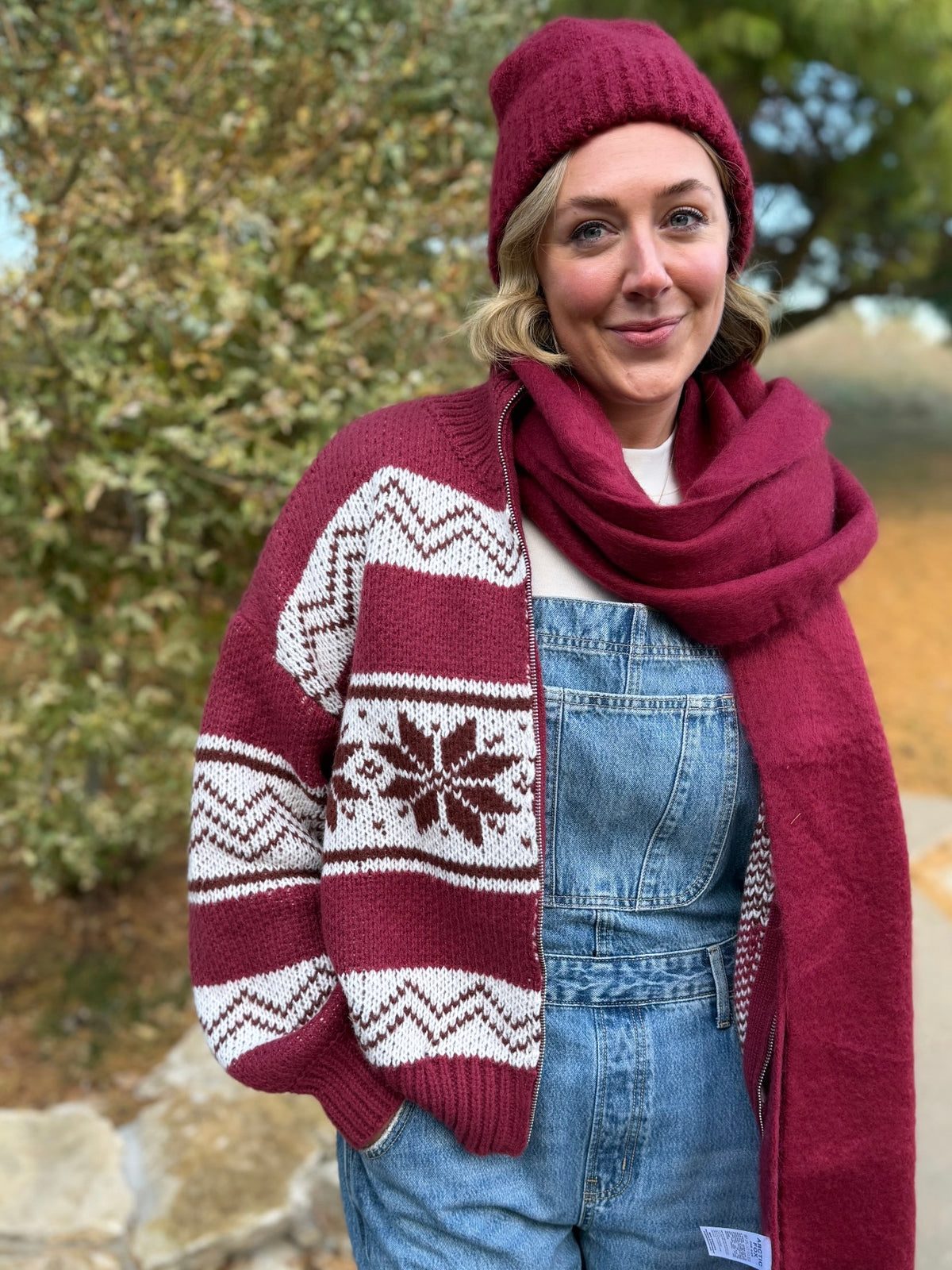 Burgundy Zip Front Fair Isle Sweater