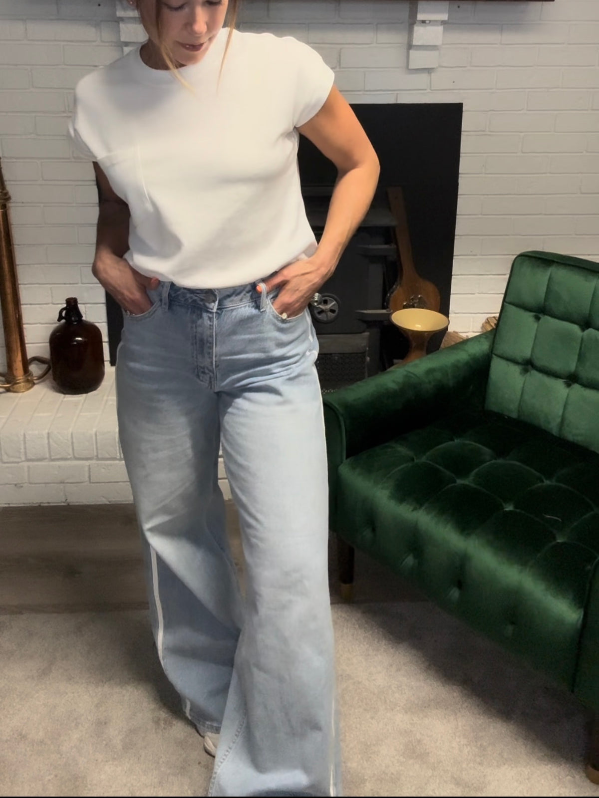 Wide Leg White Side Seam Detail Jeans